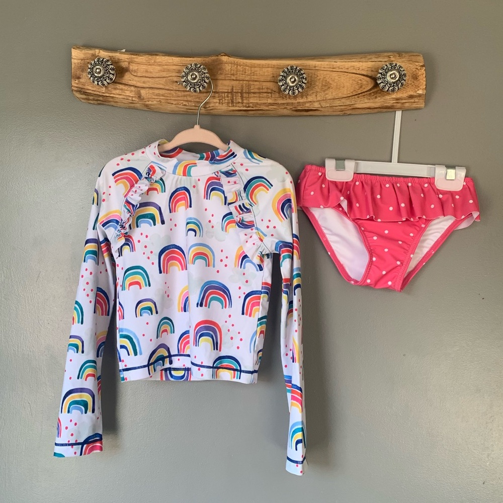 Tucker & Tate | Girls Long Sleeve Rainbow Rashguard & Polka Dot Bikini Bottoms